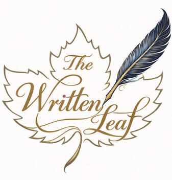 Logo • Color The Written Leaf logo, gold script lettering over a leaf outline with a blue quill, on a clean white background.